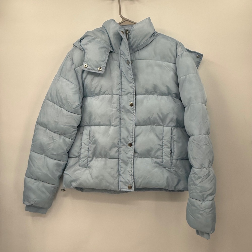 Debby Collection Light Blue Puffer Jacket Hooded Snap Button Zip Up Womens S